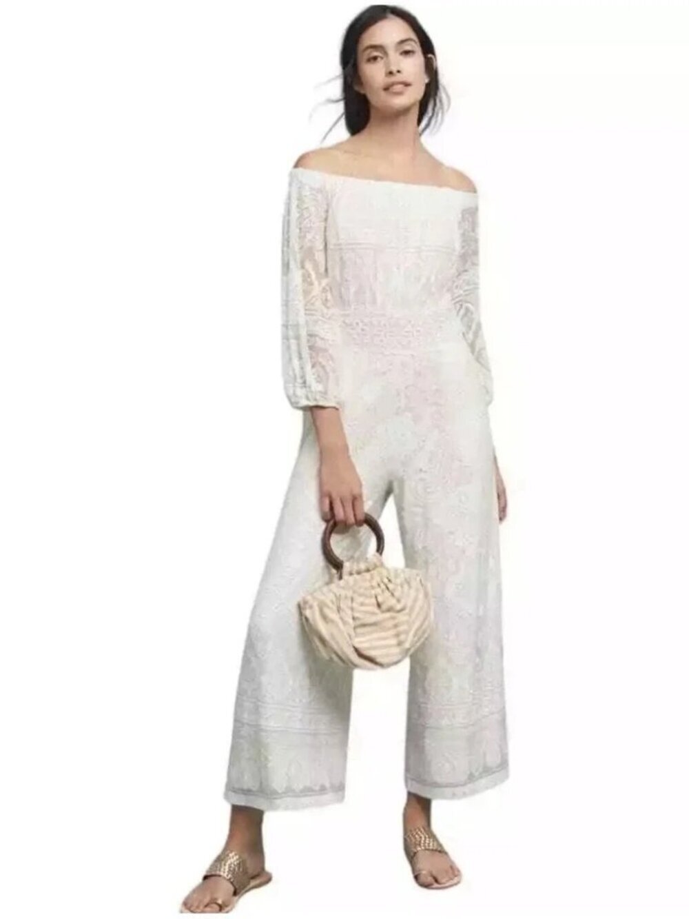 Anthropologie Farm Rio Elliot Off The Shoulder Jumpsuit XS White Lace Boho Bride